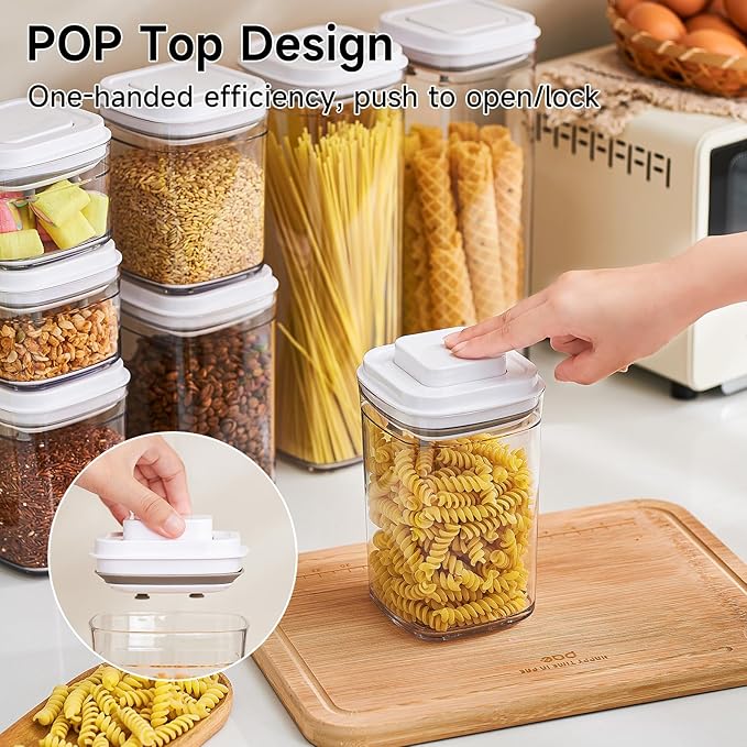 Pop Top Food Storage Container Set | 6Pcs Airtight Cereal Storage Organizer Canisters with Pop Lids, BPA-Free, Vacuum Seal & One-button Opening, Stackable Pantry Containers for Dry Food Storage