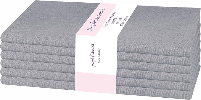 PurpleEssences Set of 6 Cloth Dinner Napkins 100% Cotton 18x18 Inch - Soft Durable Washable - Ideal for Farmhouse Party Christmas Holiday Winter - Perfect Everyday Use Table Linen - Ash Grey