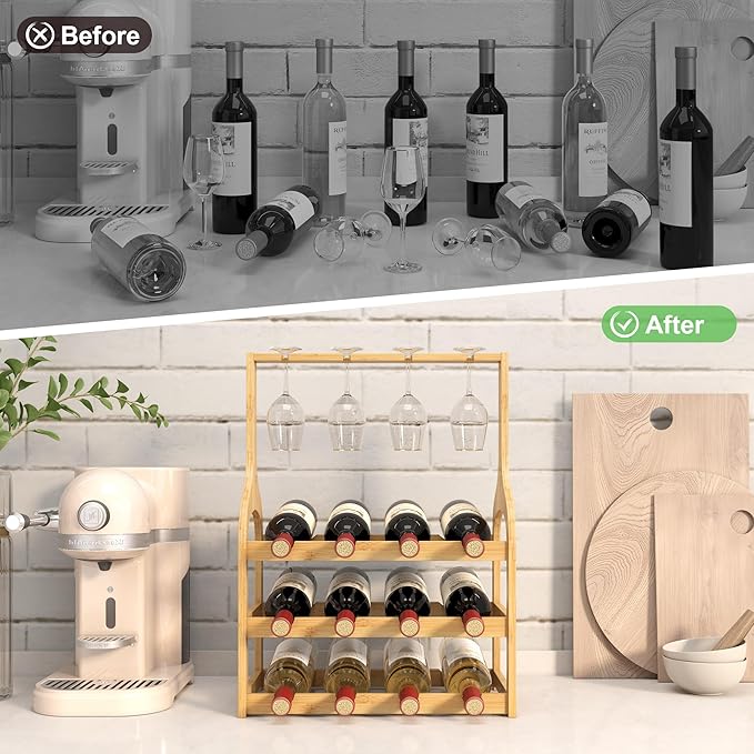 Wine Rack Countertop for 12 Wine Bottles and 4 Glass Holder, Small Bamboo Free Standing Racks Tabletop Display, Wooden Wine Storage Organizer for Cabinet Pantry Kitchen Bar Home Dining Room (Natural)