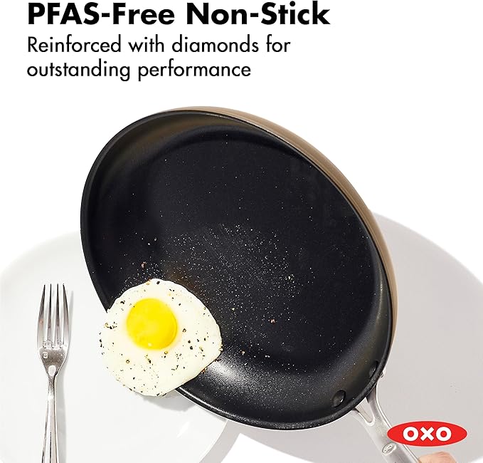 OXO Enhanced 12” Nonstick Frying Pan Skillet with Lid, Ceramic PFAS-Free Cookware, Stainless Steel Handle, Eggs & Omelets, Dishwasher & Oven Safe, Biscuit Brown