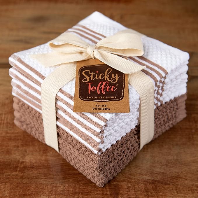 Sticky Toffee Cotton Dishcloths Set of 8 – Brown and White Dish Towels 12x12 in, Reusable and Absorbent Tea Towels for Cleaning or Drying, Oeko-Tex Cotton