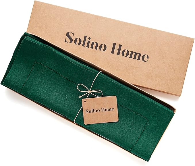Solino Home Linen Placemats Set of 4 - Classic Hemstitch Rainforest Green Placemats 14 x 19 Inch - 100% Pure Linen Table Mats for Fall, Autumn, Thanksgiving, Christmas, Holiday, Winter