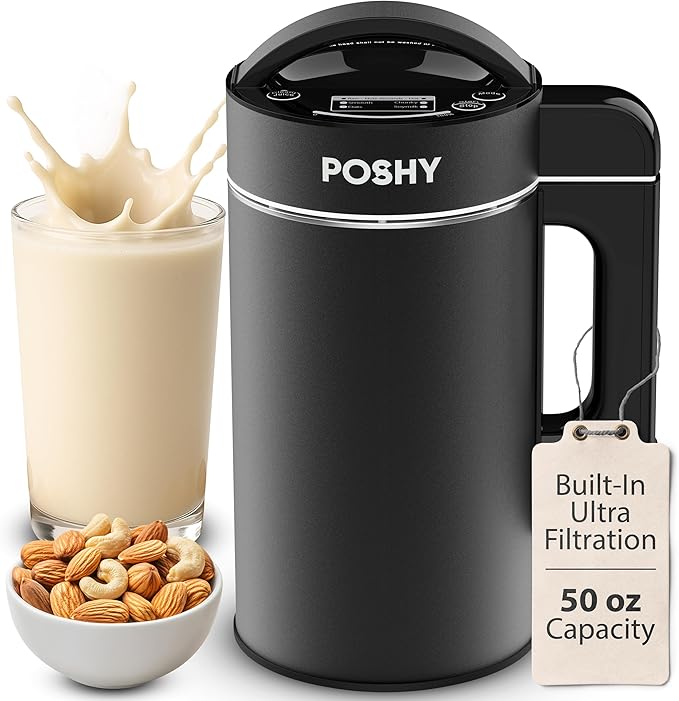 Poshy Nut Milk Maker 50 oz (1.5 L) – Ultra Filtration (No Mesh Bags), Self-Clean, Quiet Motor, Texture Control – Almond/Oat/Soy – Stainless Steel, 120V