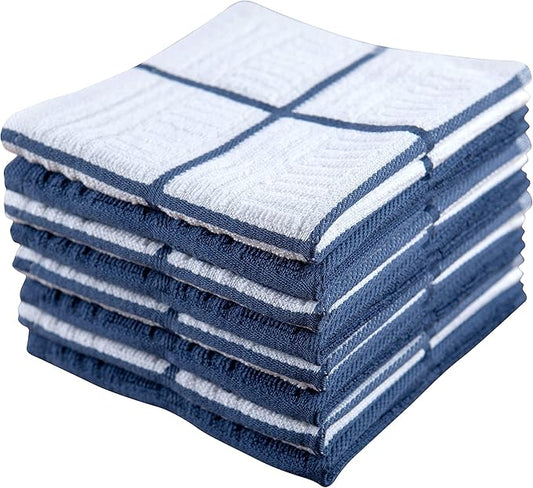Sticky Toffee Cotton Dishcloths Set of 8, Dark Blue and White, 12 x 12 in, Absorbent Reusable Tea Towels and Cleaning Cloths, Oeko-Tex Cotton