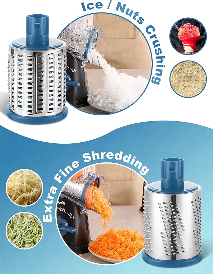 Geedel Rotary Cheese Grater Cheese Shredder - Upgraded 5-in-1 Cheese Grater with Handle and Strong Suction Base, Multi-purpose Vegetable Slicer Ice Shaver Nuts Grinder for Ice, Vegetables, Fruit, Nuts