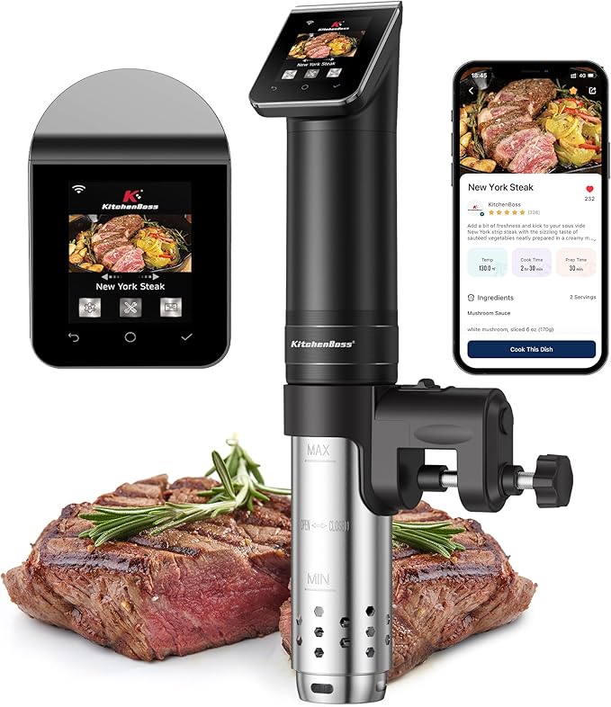 KitchenBoss WIFI Sous Vide Cooker: Ultra-Quiet Sous-vide Cooking Machine 1100 Watts Stainless Steel Immersion Circulator for Kitchen with TFT Preset Recipes, Black