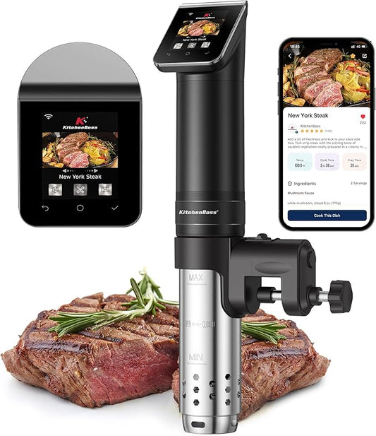 KitchenBoss WIFI Sous Vide Cooker: Ultra-Quiet Sous-vide Cooking Machine 1100 Watts Stainless Steel Immersion Circulator for Kitchen with TFT Preset Recipes, Black