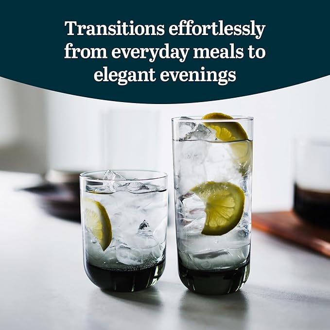 Libbey Polaris Tumbler and Rocks Glass Set, Smoke Hue Drinkware Glasses Set, Lead-Free Tall Water Glasses with Modern Clean Lines, Dishwasher Safe Drinking Glasses Set of 16