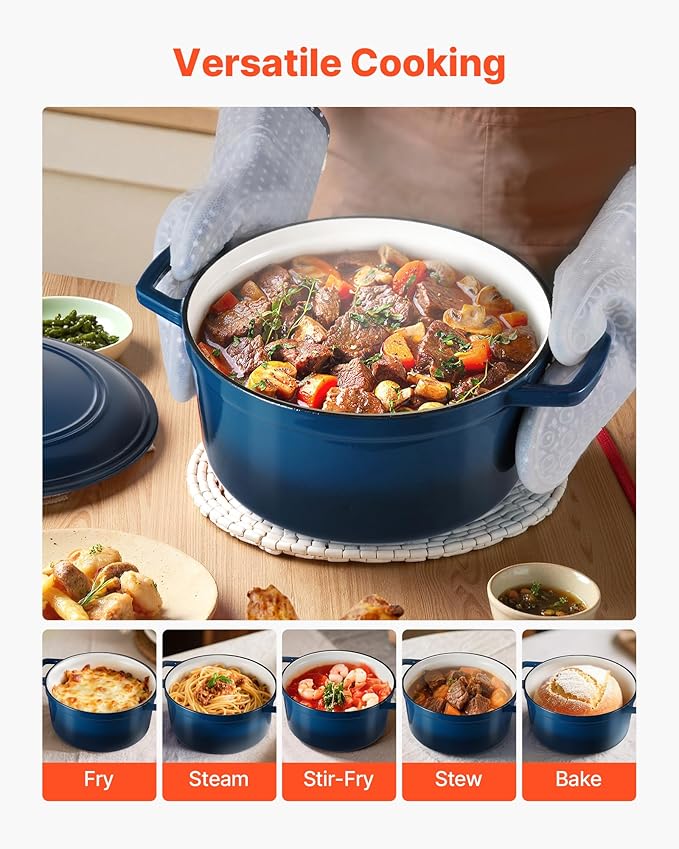 VEVOR Enameled Cast Iron Dutch Oven, 6 Quart Pot with Lid and Dual Handles, Heavy-Duty Durable Cookware Pan, Oven Induction Compatible up to 500℉, for Braising, Stews, Roasting, Bread Baking, Blue