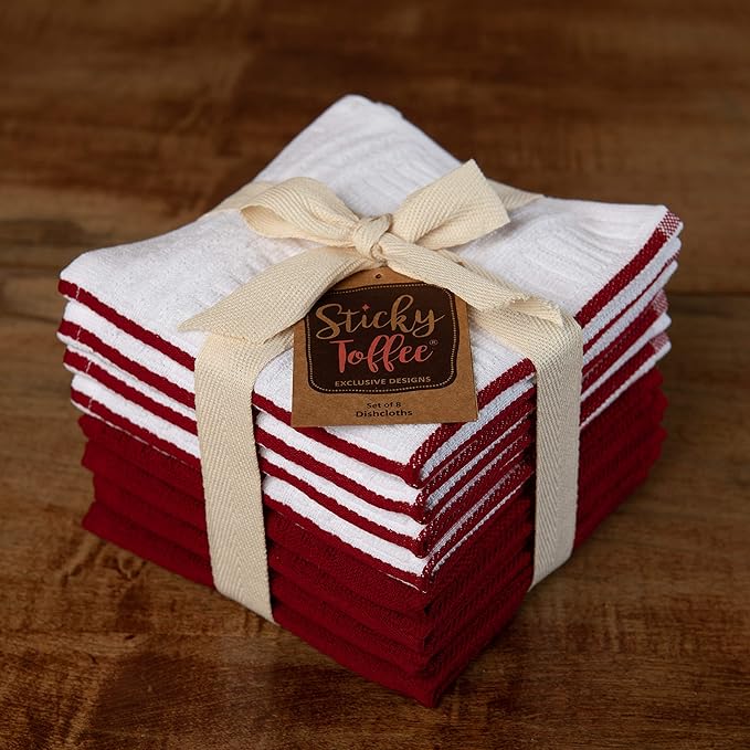 Sticky Toffee Cotton Dishcloths Set of 8, Red and White, 12 x 12 in, Absorbent Reusable Tea Towels and Cleaning Cloths, Oeko-Tex Cotton