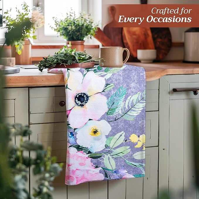 Maison d' Hermine Kitchen Towels Set of 3 100% Cotton 27.50" x 20" Reusable Cloth Tea Dish Towels Absorbent with Hanging Loop for Kitchen, Cocktail Parties Spring/Summer (Sweet Rose Lavender - Lush)