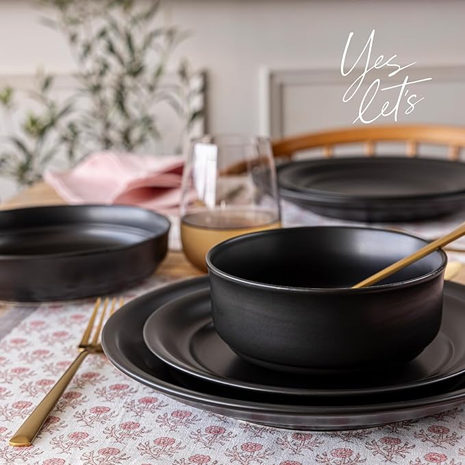 over&back Rim Dinnerware Set - Stoneware Dishes - Comes with 4 Dinner Plates, Salad Plates, Cereal Bowls, and Dinner Bowls - 16-Piece All-Occasion Place Settings - Serves Four - Semi-Matte Black