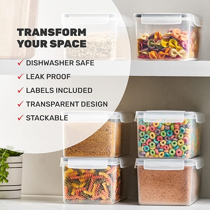 Large Airtight Food Storage Containers with Lids Set of 4 3.2L - 102 fl. oz Pasta storage Containers, BPA Free Plastic Spaghetti container - Air Tight Canisters for Kitchen Pantry Organization