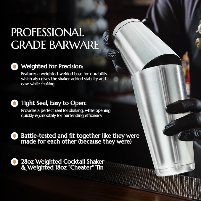 Bull in China 2-Piece Cocktail Shaker Stainless Steel – 28 oz Weighted Shaker & 18oz Weighted Cheater Tin, Professional Grade Bar Shaker, Premium Cocktail Shaker Set for Professional & Home Bartenders