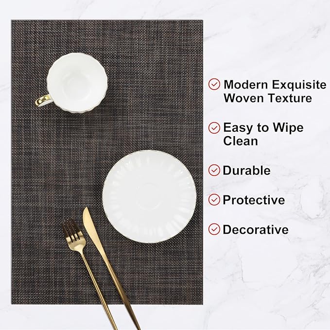 SHACOS Placemats Set of 6 Woven Vinyl Place Mats Wipeable Heat Resistant Plastic Non Slip Table Mats Indoor Outdoor, Black Brown