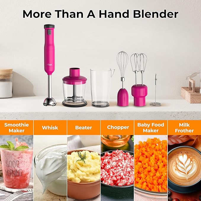 Rosewill 6-in-1 Multi-Speed Cordless Rechargeable Immersion Hand Blender, Heavy Duty Motor - Stick Blender, Beaker, Whisk, Chopper, Dual Beater, Milk Frother - For Smoothies, Baby Food, Soup (Rose)