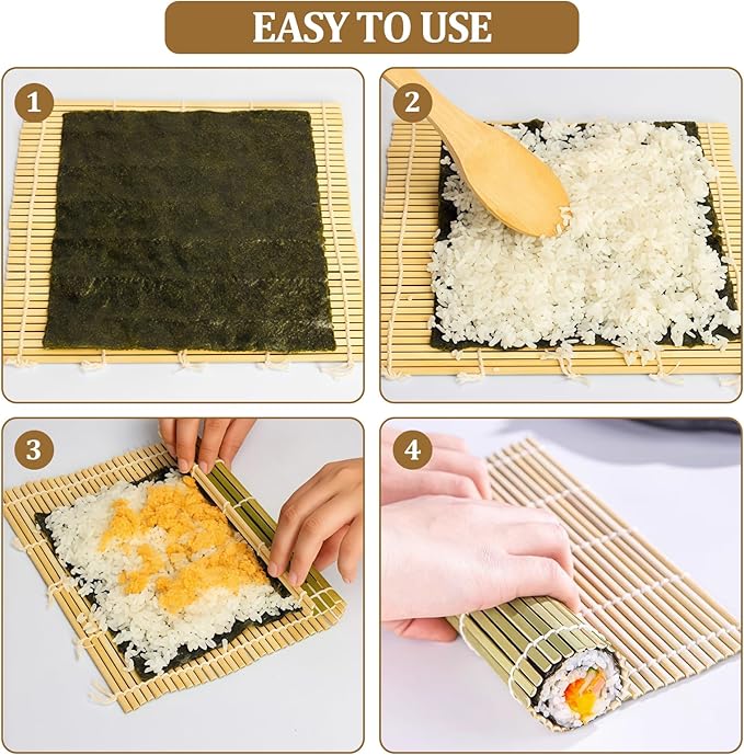 Sushi Making Kit, 6 PCS Beginner Sushi Maker Set, Including 2 Green Bamboo Rolling Mats, 2 Pairs Chopsticks, 1 Paddle,1 Spreader, Natural Bamboo Material, Ideal Gift for Kids, Friends, Home Chef