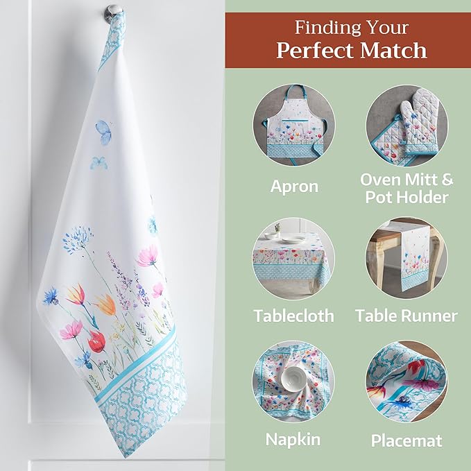 Maison d' Hermine Kitchen Towels Set of 2 100% Cotton 27.50" x 20" Reusable Cloth Tea Dish Towels Absorbent with Hanging Loop for Kitchen, Dining, Cocktail Parties Spring/Summer (Flower in The Field)