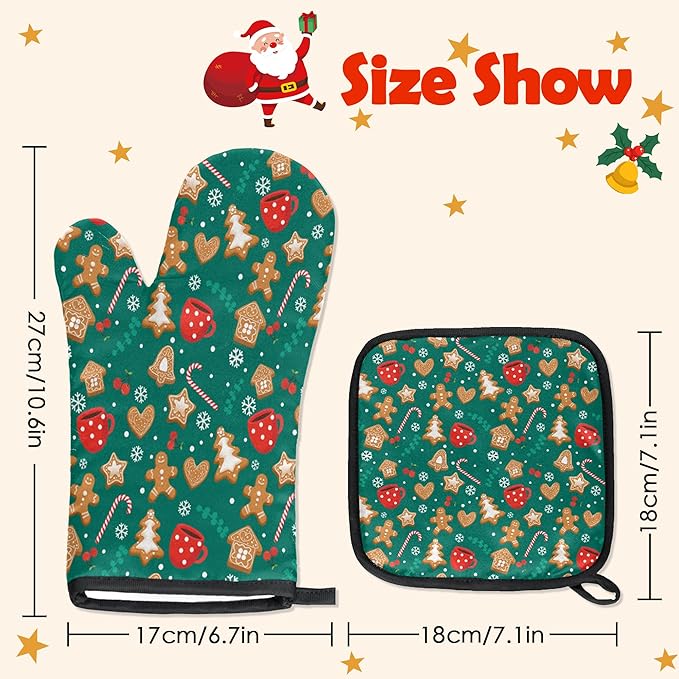 Oven Mitts Pot Holders Set 3 for Kitchen, Christmas Candy Biscuit Insulation Oven Gloves Heat Resistant Pot Pads Cook Essentials Accessories for BBQ Baking Cooking Kitchen Decor Gifts for Women