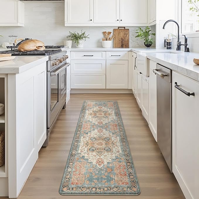 GENIMO Kitchen Mats for Floor, Washable Anti Fatigue Mat for Cushioned, 23.6"x71", Waterproof Kitchen Rugs, Non Slip Comfort Standing Mat Rug for Home, Sink, Laundry, Blue&Salmon