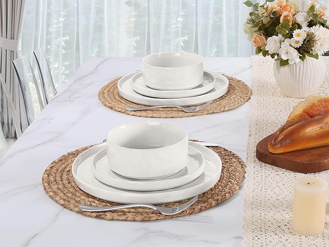 LIANYU Stoneware Dinnerware Sets, 12 Piece Plates and Bowls Dish Set for 4, Kitchen Speckled Dinner Ware Dining Dishware, Microwave & Dishwasher Safe, Polar White