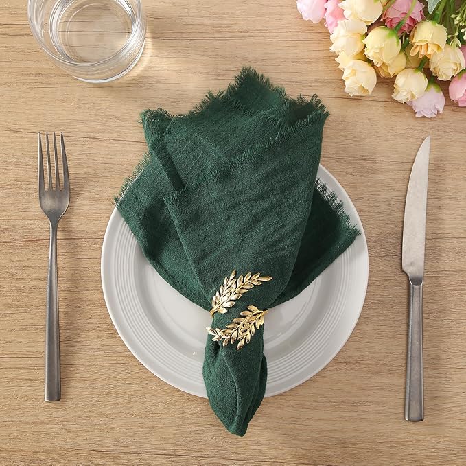 Handmade Cloth Napkins with Fringe, 100% Cotton Napkins, Delicate Handmade Linen Napkins for Dinners, Parties, Weddings and More, 17 x 17 Inch Set of 12 - DarkGreen