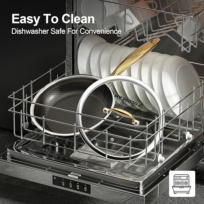 Fogdream 8” Pots and Pans Set Non Stick, Stainless Steel Pan with Lid, Dishwasher and Oven-Safe Frying Pan, PFOA Free and Induction Compatible Cookware Set, Gold