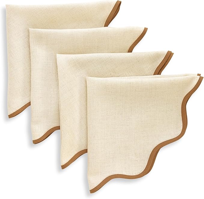 Solino Home Linen Scallop Cloth Napkins Set of 4-100% Pure Linen Brown Sugar and Natural Dinner Napkins 20 Inch for Fall, Autumn - Giselle Scallop Edge, Handcrafted and Machine Washable