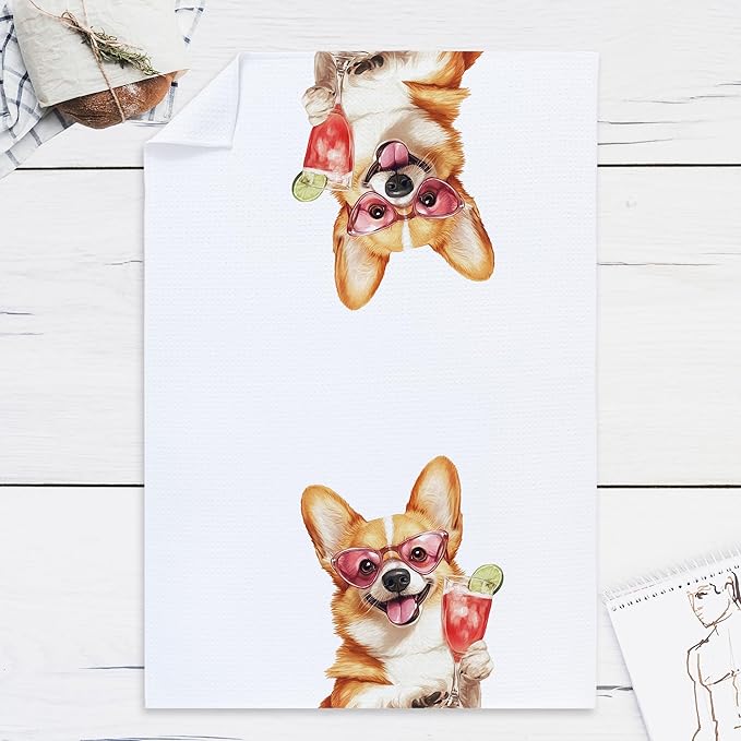 Cabana Bro Corgi Gifts Kitchen Towels, Corgi Gifts for Women Dog Lovers Decorative Hand Towels for Bathroom, Funny Dog Puppy Getting Drunk Cocktail Dish Tea Towels for Kitchen, 16x24 Inch