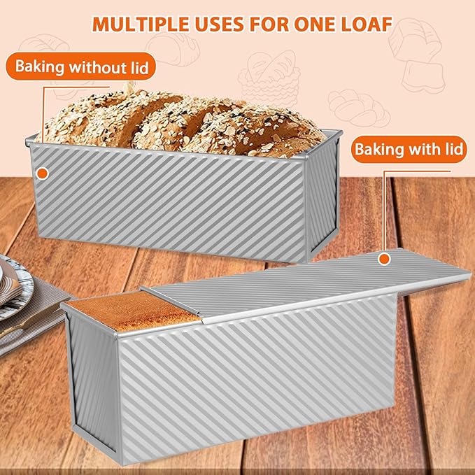 Non-Stick Pullman Loaf Pan with Lid 13x4 Inch - 2.2lb Carbon Steel Bread Baking Pan with 4 Vent Holes, Heavy Duty Sourdough Loaf Pan with Cover for Homemade Sandwich Bread (Silver)