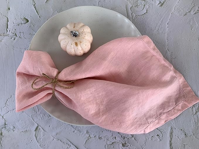 Hemstitched Linen Napkins – 20 Inch x 20 Inch – Stonewashed Pure Linen Cloth Dinner Napkins with Mitered Corners - 100% French Flax – Machine Washable - Set of 4 (Blush Pink)