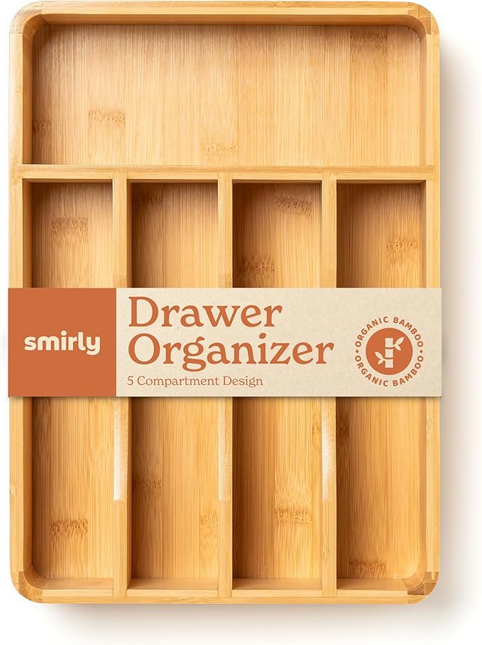 SMIRLY Silverware Drawer Organizer – Bamboo Kitchen Drawer Organizer, Adjustable Utensil Holder and Cutlery Tray, Drawer Dividers for Flatware and Kitchen Utensils