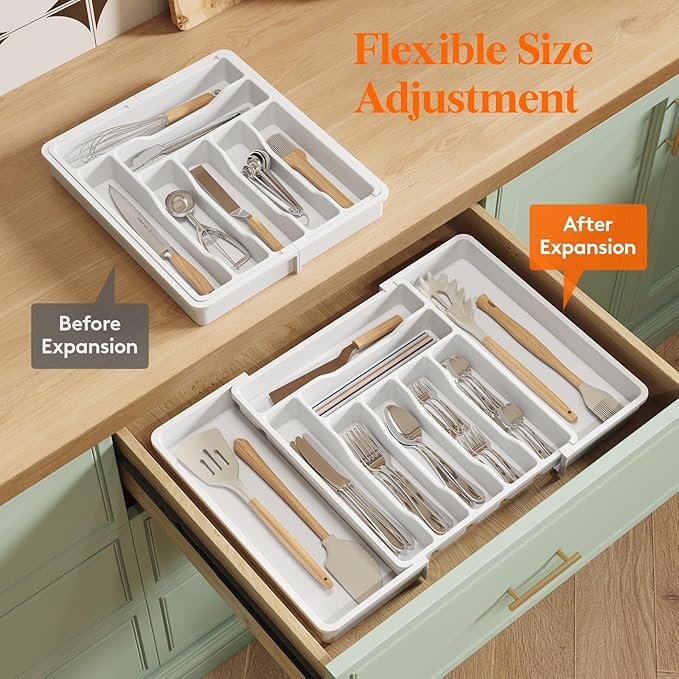 Lifewit Silverware Drawer Organizer, Expandable Utensil Organizer for Kitchen Drawers, Adjustable Cutlery and Flatware Tray, Plastic Spoons Forks Knives Holder Storage Dividers, Large, White