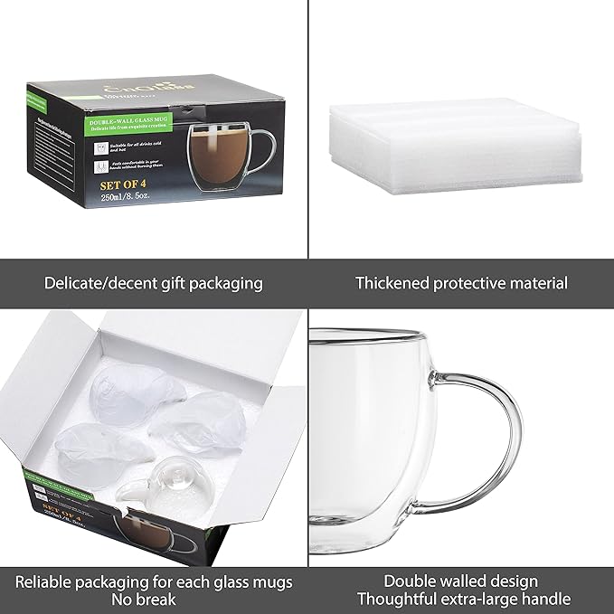 CNGLASS 8.5oz Glass Coffee Mug,Double Wall Insulated Glass Mugs with Handle,Clear Espresso Mugs for Latte,Cappuccino,Tea Bag,Set of 4
