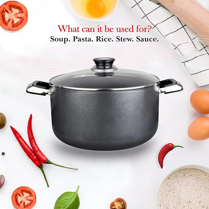 Alpine Cuisine 24 Quart Non-stick Stock Pot with Tempered Glass Lid and Carrying Handles, Multi-Purpose Cookware Aluminum Dutch Oven for Braising, Boiling, Stewing