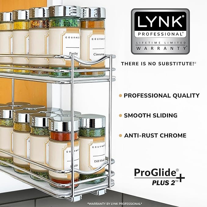LYNK PROFESSIONAL® Pull Out Spice Rack Organizer for Inside Kitchen Cabinets - 4-3/8 inch Wide - Slide Out Drawer – Chrome Sliding Spice Cabinet Organization Shelf Racks - 2 Tier