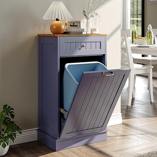 Tilt Out Trash Bin Cabinet Dog Proof Trash Can Holder Kitchen Island Without Garbage Bin or Tilt Out Laundry Hamper (Gray-Blue)