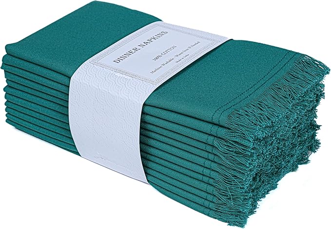 Bedding Craft Cotton Cloth Dinner Napkins Set of 12 – 18x18 Teal with Frayed Selvedge Edges – Machine Washable Reusable Fabric Napkins for Weddings, Baby Showers, Parties & Table Décor