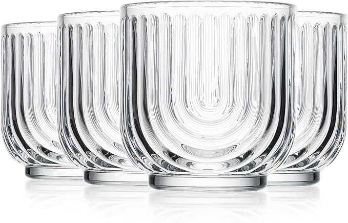 Glaver's Whiskey Glasses 11oz. Set of 4 Old Fashioned Bourbon Glasses. Ribbed Cocktail Arch Design Art Deco Bar Glassware for Whisky, Cocktails, Juice and Chilled Beverages.