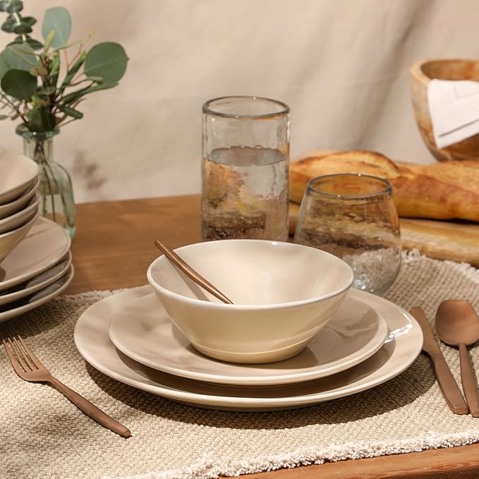 Bloomhouse Montecito Breeze 16 Piece (Service for 4) Double Plates and Bowls Stoneware Reactive Glaze Dinnerware Set - Marble Dawn Cream