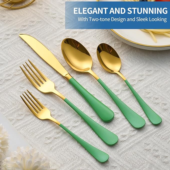 20-Piece Green & Gold Silverware Set, 18/0 Stainless Steel Colorful Handle Flatware Set,Service for 4,Modern Cutlery Set Includes Dinner Knives Forks Spoons,Mirror Polished,Dishwasher Safe