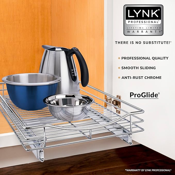LYNK PROFESSIONAL® Pull Out Cabinet Organizer, 14" x 18" Slide Out Drawers for Kitchen Cabinets - Sliding Pull-Out Pantry Shelves – Home Shelf Organizers - Lifetime Ltd. Warranty, Chrome