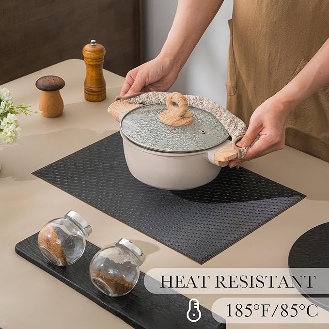 BACKTOEDEN Placemats Set of 8 Heat Resistant Washable Wipeable Placemat Woven Non-Slip Foldable Vinyl/Plastic Place Mats Indoor/Outdoor Mat Kitchen Dining Table Pad, Black Twill