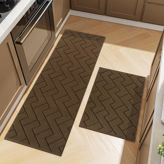 hicorfe Kitchen Rugs and Mats Sets,2 Pieces Super Absorbent Polypropylene Non-Slip Rug,Soft Comfort Floor Mat,Washable for Kitchen,Hallway,Office,Sink,Laundry(24" x 35"+24" x 71",Dark Brown)