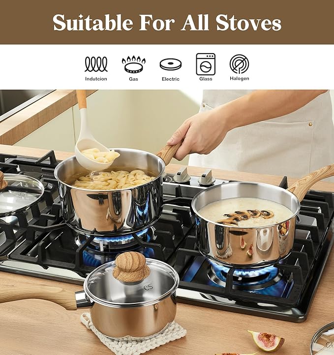 KOCH SYSTEME CS Stainless Steel Pots, 6 Piece Sauce Pan Set with Lids, 1QT, 2QT, 3QT Stainless Steel Saucepan with Cool-Touch Handles, 5-layers Base Pots, Induction Compatible Sauce Pan, Pot Set