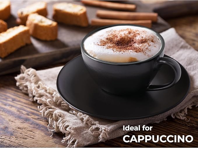 MIAMIO - Set of 6, Ceramic Stackable Cappuccino Cups Set / 6 Ounce Cappuccino Mugs and Saucer with Metal Stand for Coffee Drinks, Cafe, Latte, Americano and Tea - Le Papillon Collection (Black)