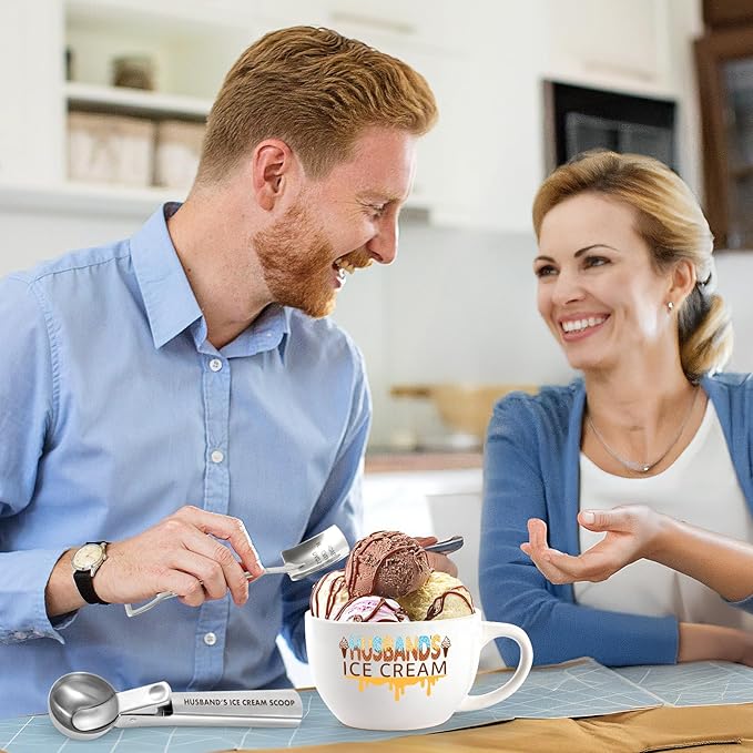 Valentine's Day & Christmas Gift for Husband – Ice Cream Bowl & Scoop Set from Wife, Funny Anniversary Present with Engraved Shovel Spoon