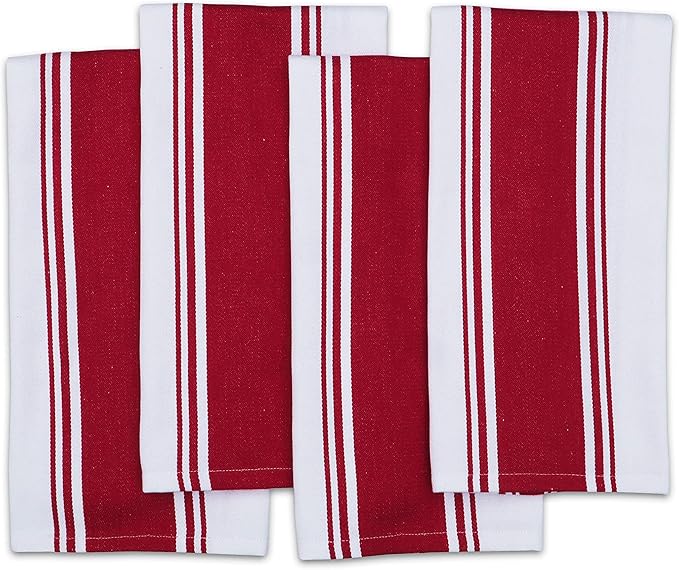 AMOUR INFINI Kitchen Towels 100% Cotton Pack of 4, Highly Absorbent Quick Drying Premium Striped Dish Towel for Kitchen with Hanging Loop Hand & Tea Towels (Red)