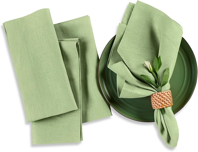 Solino Home Linen Napkins Set of 4-100% Pure Linen Laurel Green Dinner Napkins Cloth 20 x 20 Inch for Fall, Autumn, Thanksgiving - Fete, Handcrafted and Machine Washable