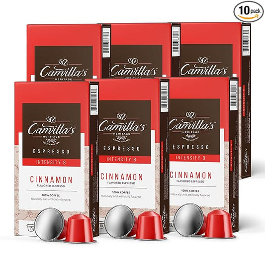 Camilla’s Heritage - Intensity 8 Cinnamon Flavored Espresso Coffee, Gourmet Espresso Cups, 60 Coffee Pods
